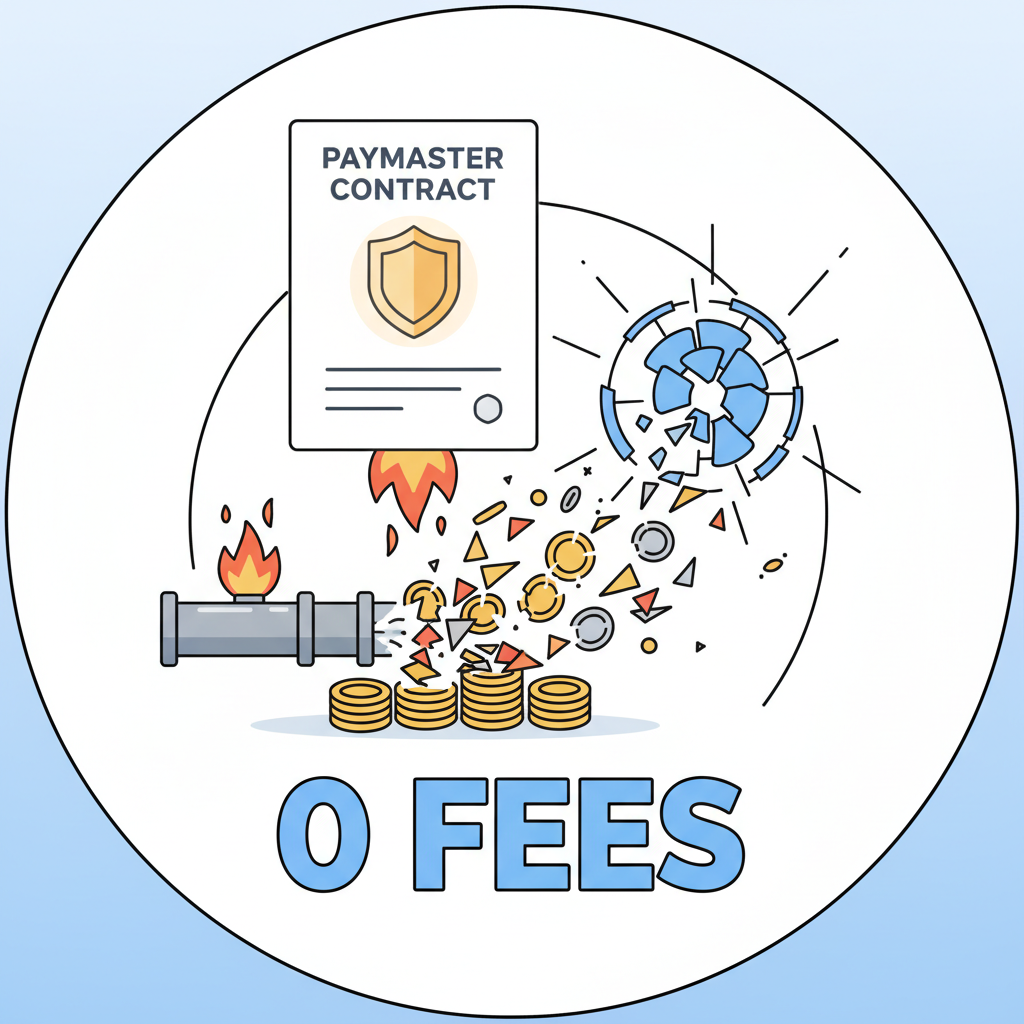 paymaster contract sponsoring gas flames, coins exploding into zero fees, heroic shield icon