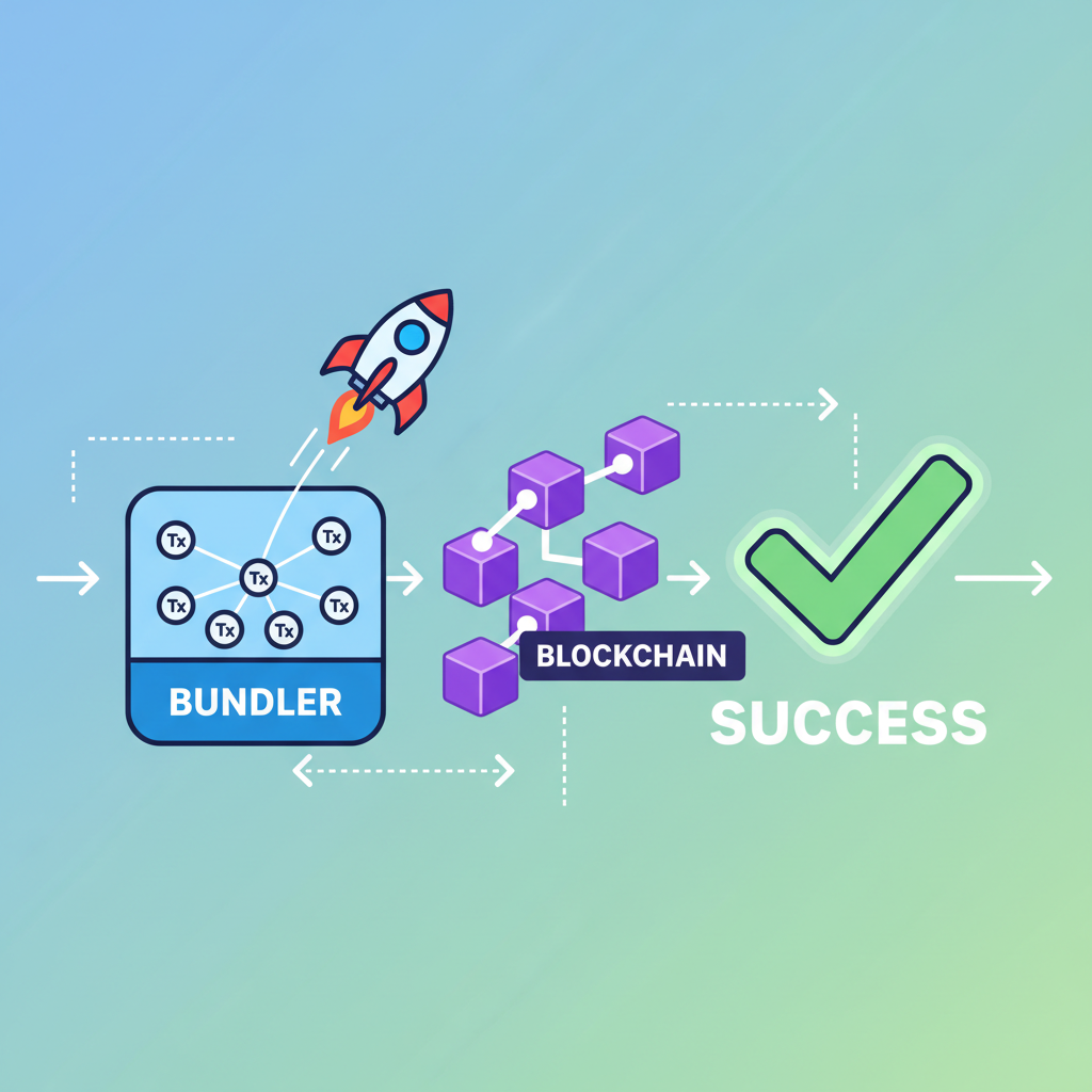 transaction bundling animation, rocket launching from bundler to blockchain, success checkmark