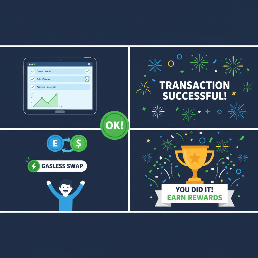 testing dashboard with green checks, React app swapping tokens gasless, victory fireworks
