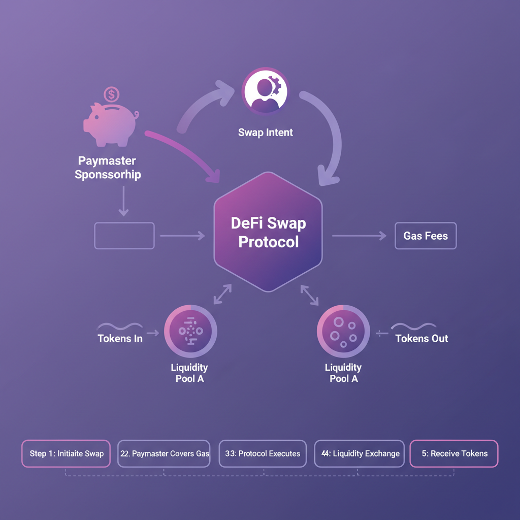 useroperation diagram with paymaster sponsorship, defi swap arrows, vibrant purple tones