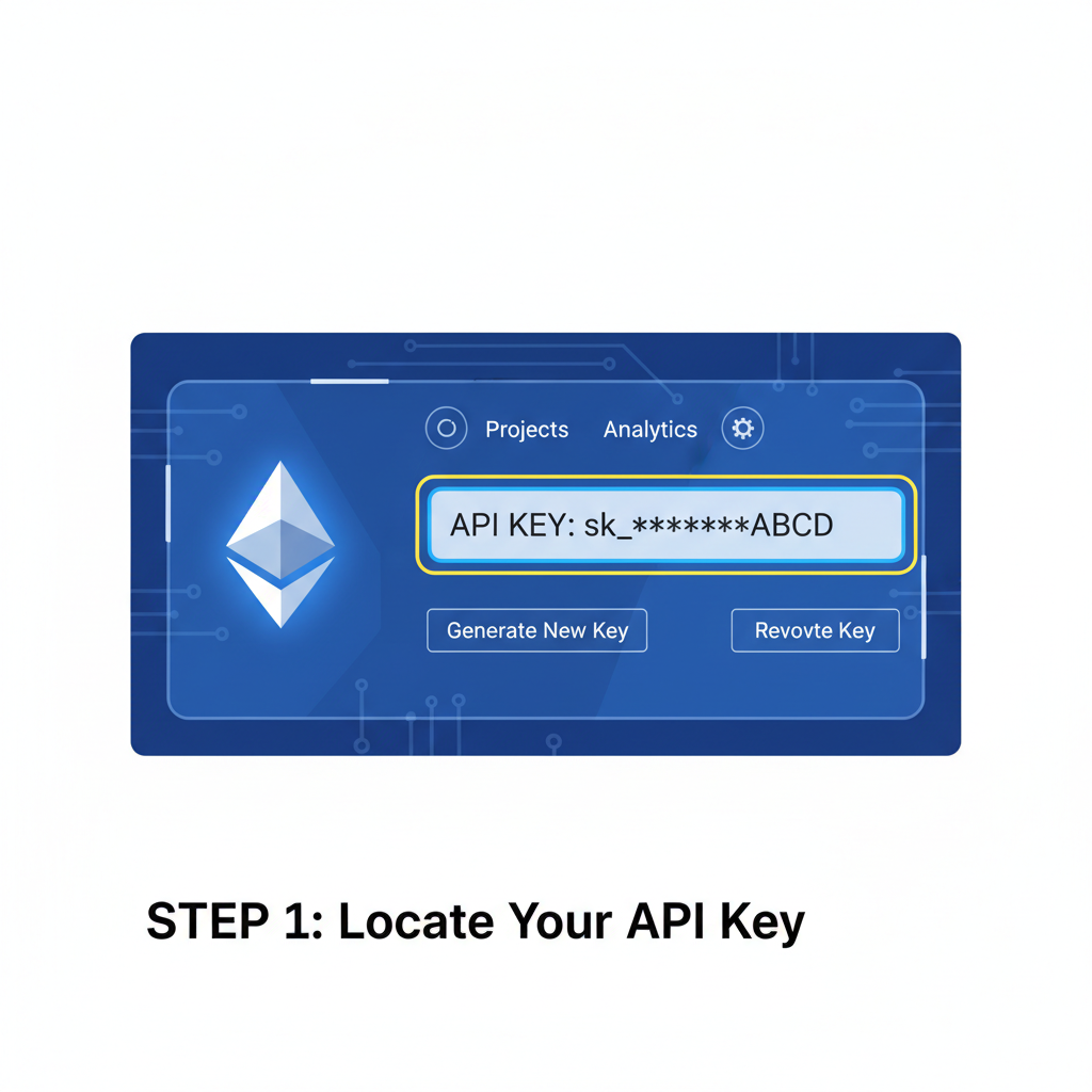 dashboard with API key highlighted, ethereum logo, futuristic blue interface