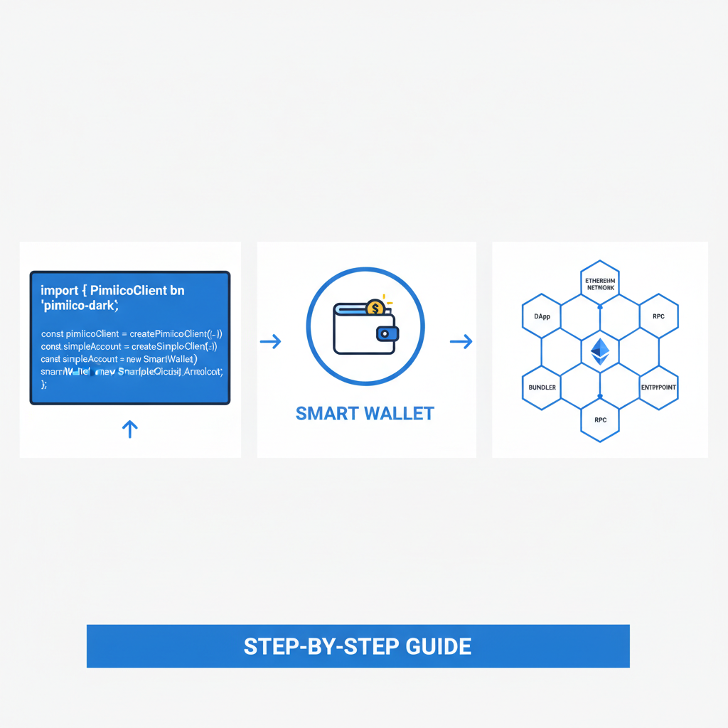 javascript code creating pimlico client, smart wallet icon, ethereum network diagram