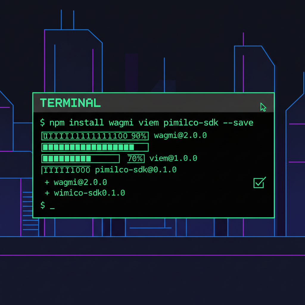 terminal window installing npm packages wagmi viem pimlico sdk, hacker green glow, cyberpunk style
