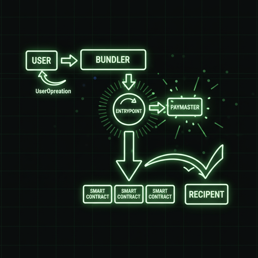 transaction flow chart bundler paymaster entrypoint, success animation, neon green