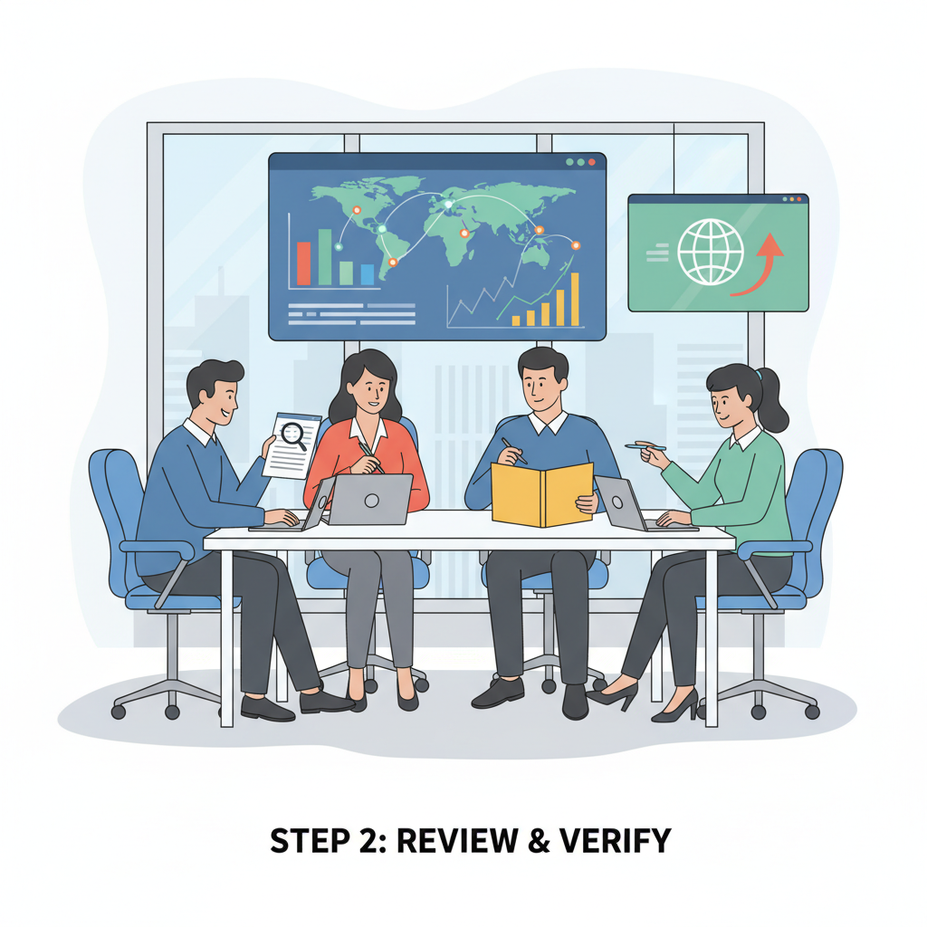 professional team auditing payroll documents in modern office, charts and global maps on screens