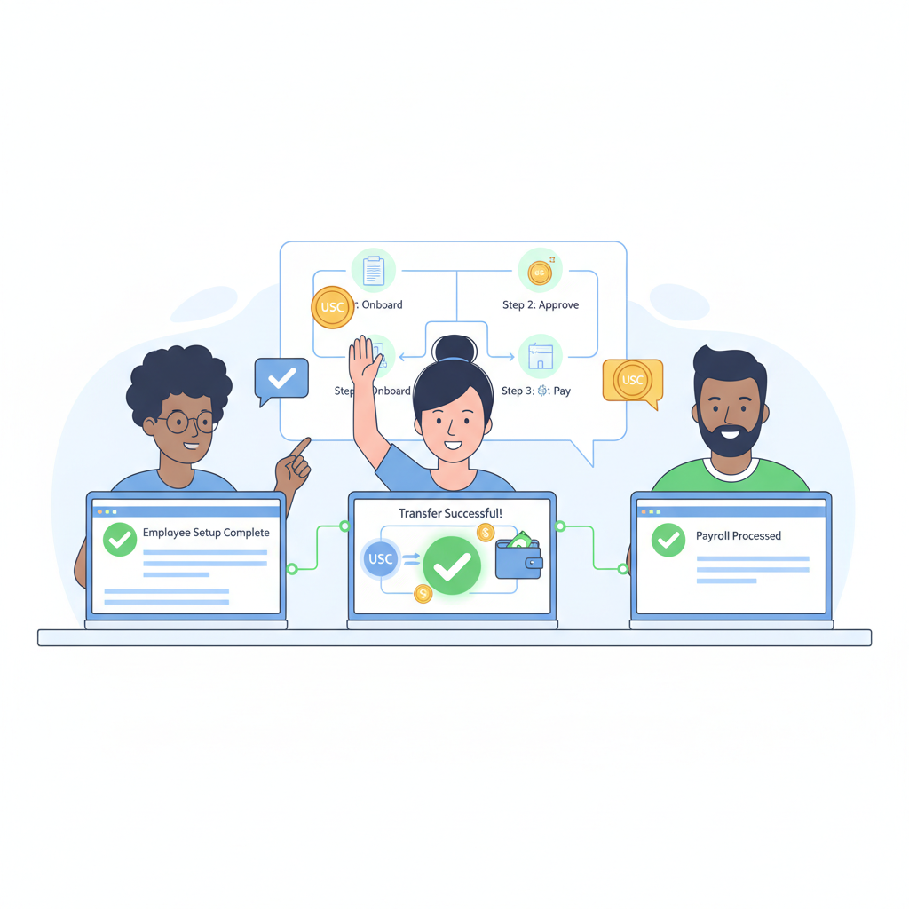 small team testing payroll app on laptops, success checkmarks and USDC transfer animations