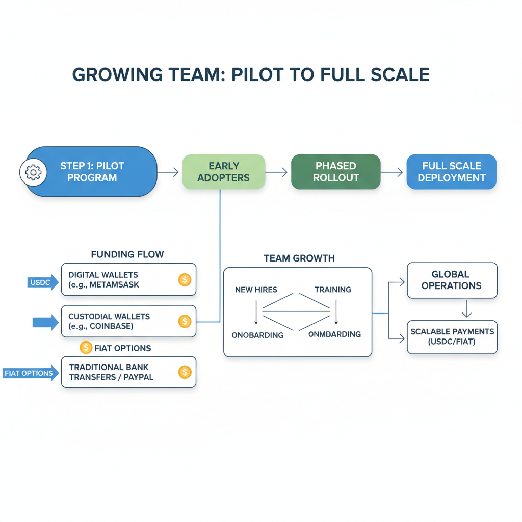 growing team flowchart from pilot to full scale, USDC flows to wallets and fiat options