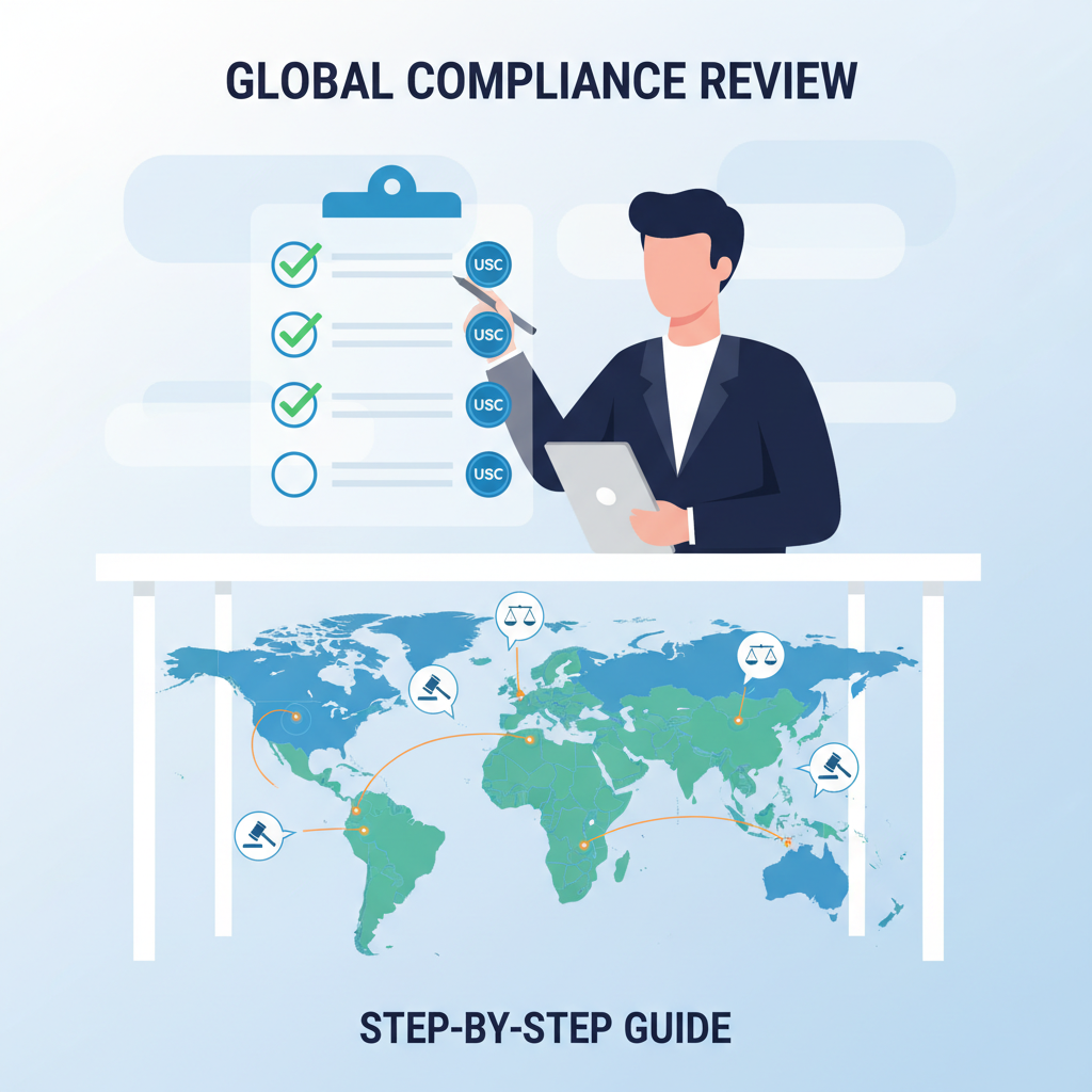 lawyer reviewing compliance checklist with USDC icons and world map highlighting regulations