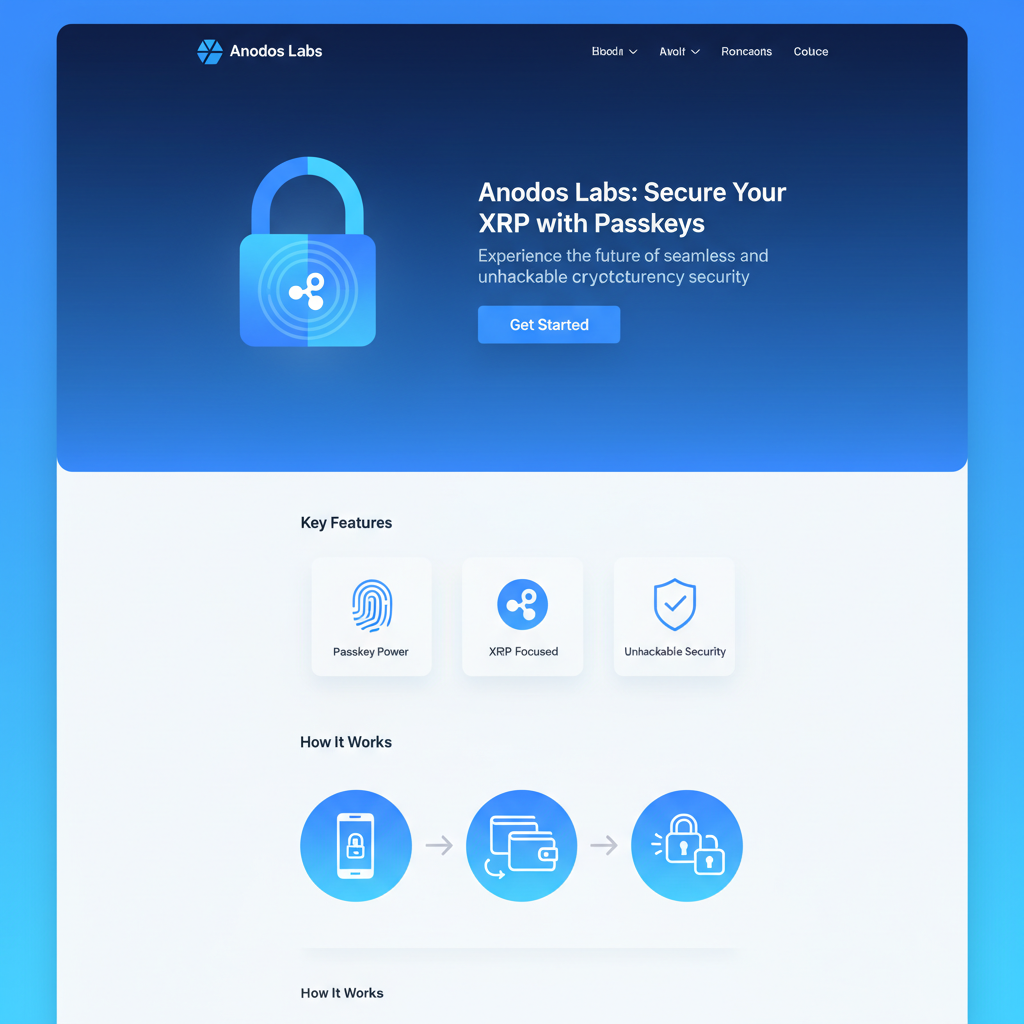clean modern website homepage for Anodos Labs XRP passkey wallet, blue tones, secure lock icon, minimalist design