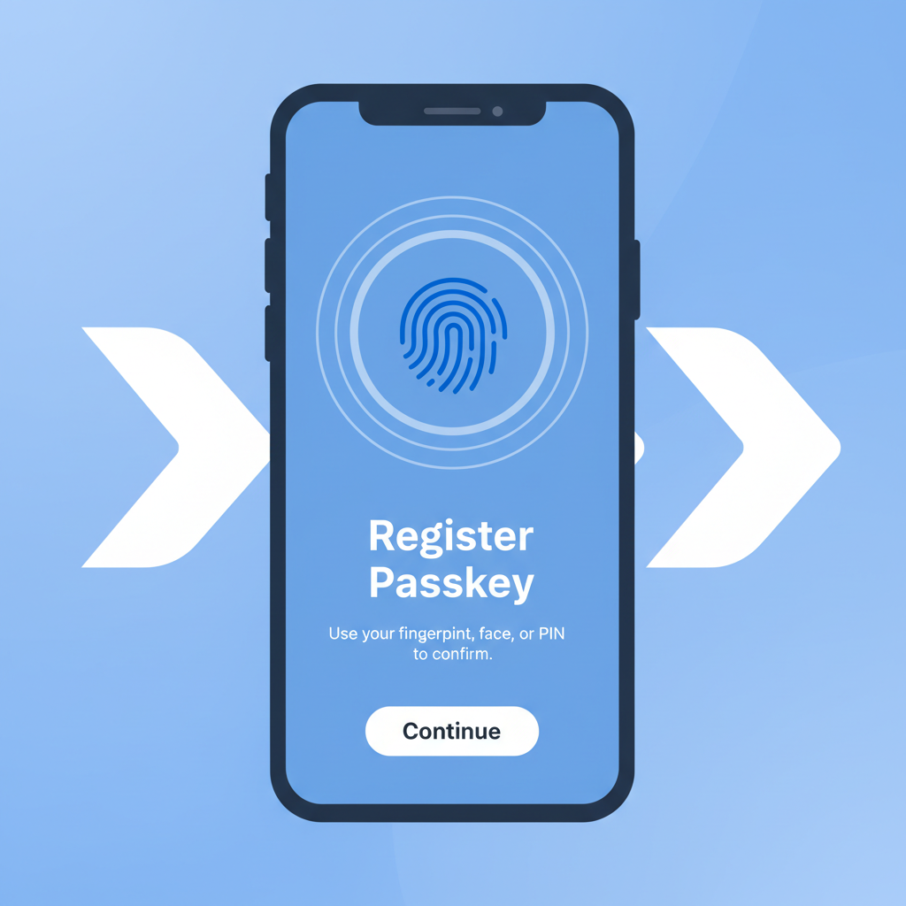 smartphone screen showing WebAuthn passkey registration, fingerprint scan animation, XRP logo in background