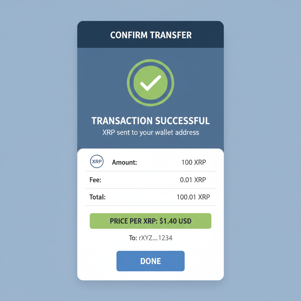 exchange app transferring XRP to wallet address, transaction confirmation screen, price tag $1.40