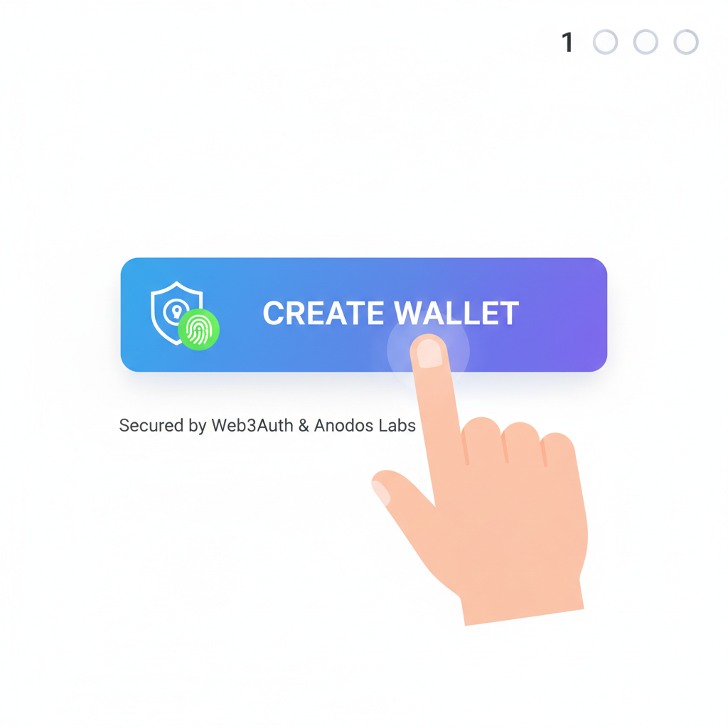 user clicking create wallet button on web3auth or anodos labs interface, passkey icon, biometric fingerprint glowing