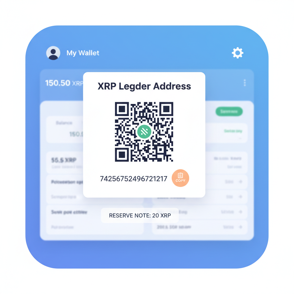 wallet dashboard showing XRP Ledger address QR code, copy button, reserve note visible
