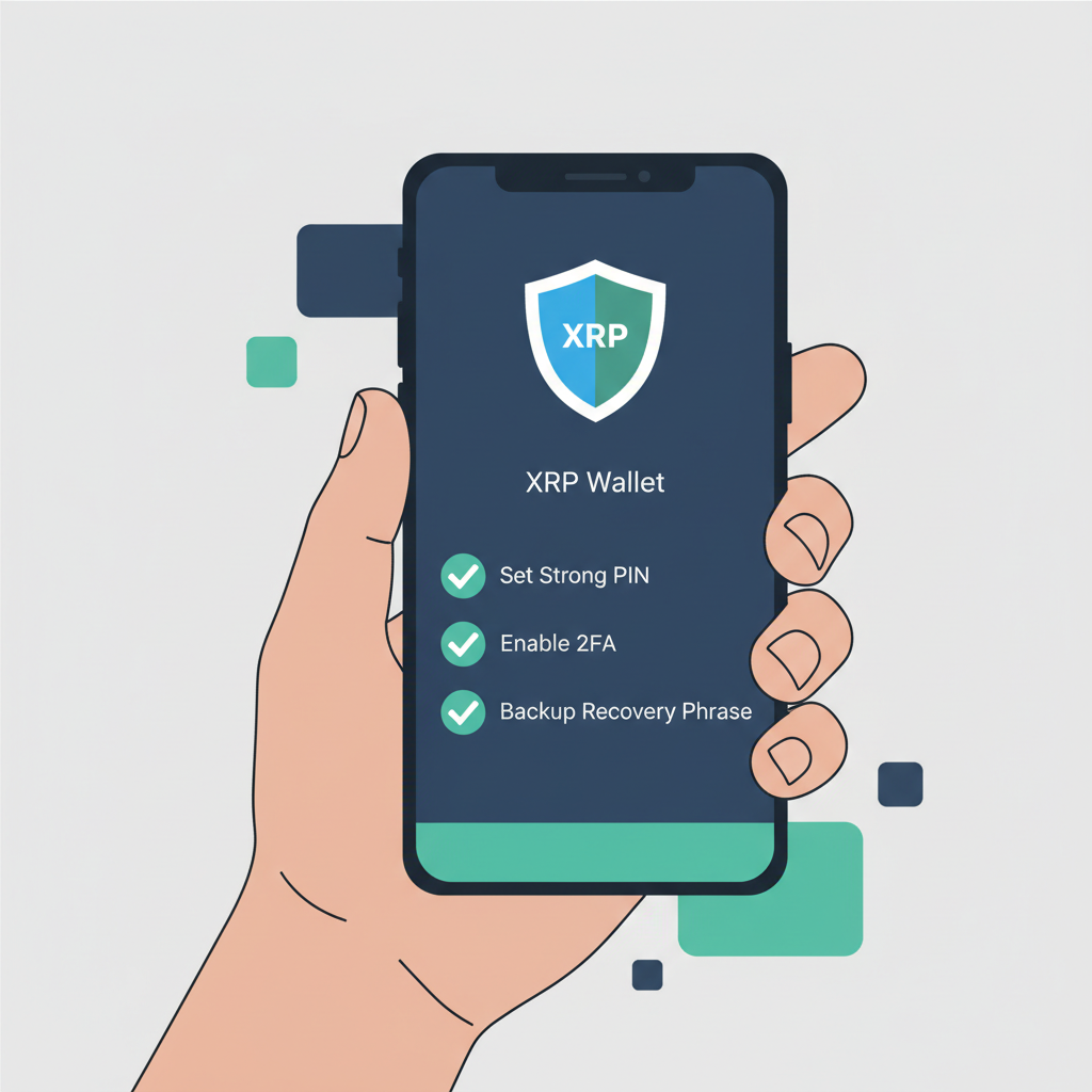 user holding secure phone with XRP wallet app, shield icon, checklist of security tips