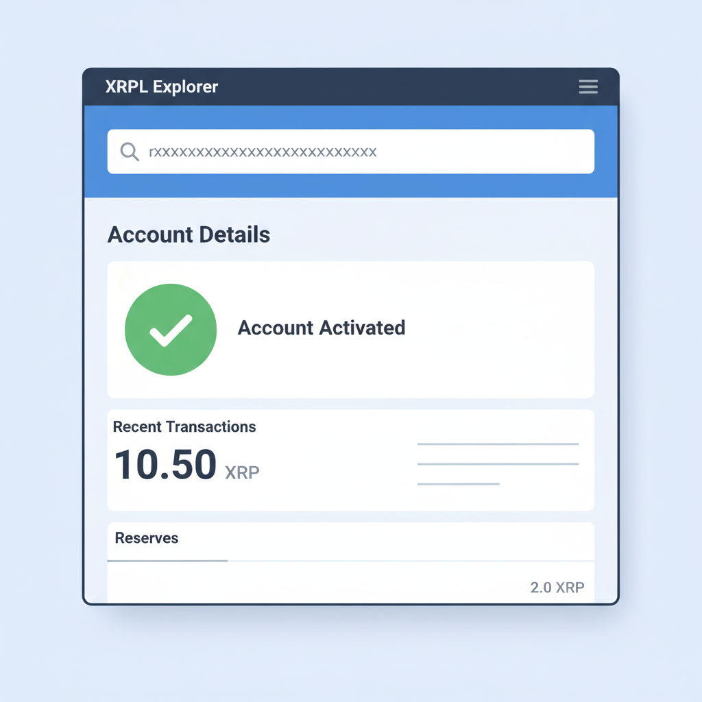 XRPL explorer page showing activated wallet with 10+ XRP balance, green checkmark