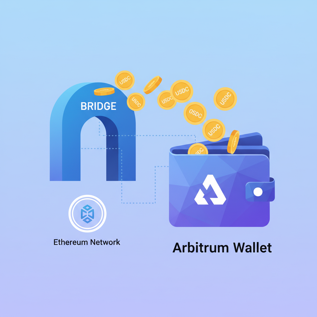 USDC tokens flowing into Arbitrum wallet via bridge, golden coin stream