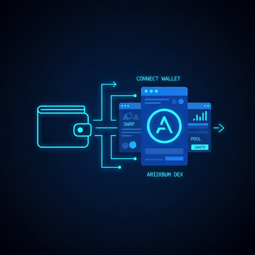 Wallet icon connecting to glowing Arbitrum DEX interface, neon blue tones