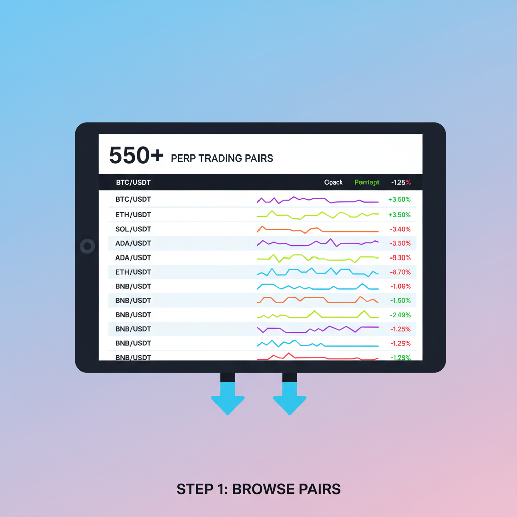 Dashboard scrolling through 550 perp trading pairs like BTC, colorful charts