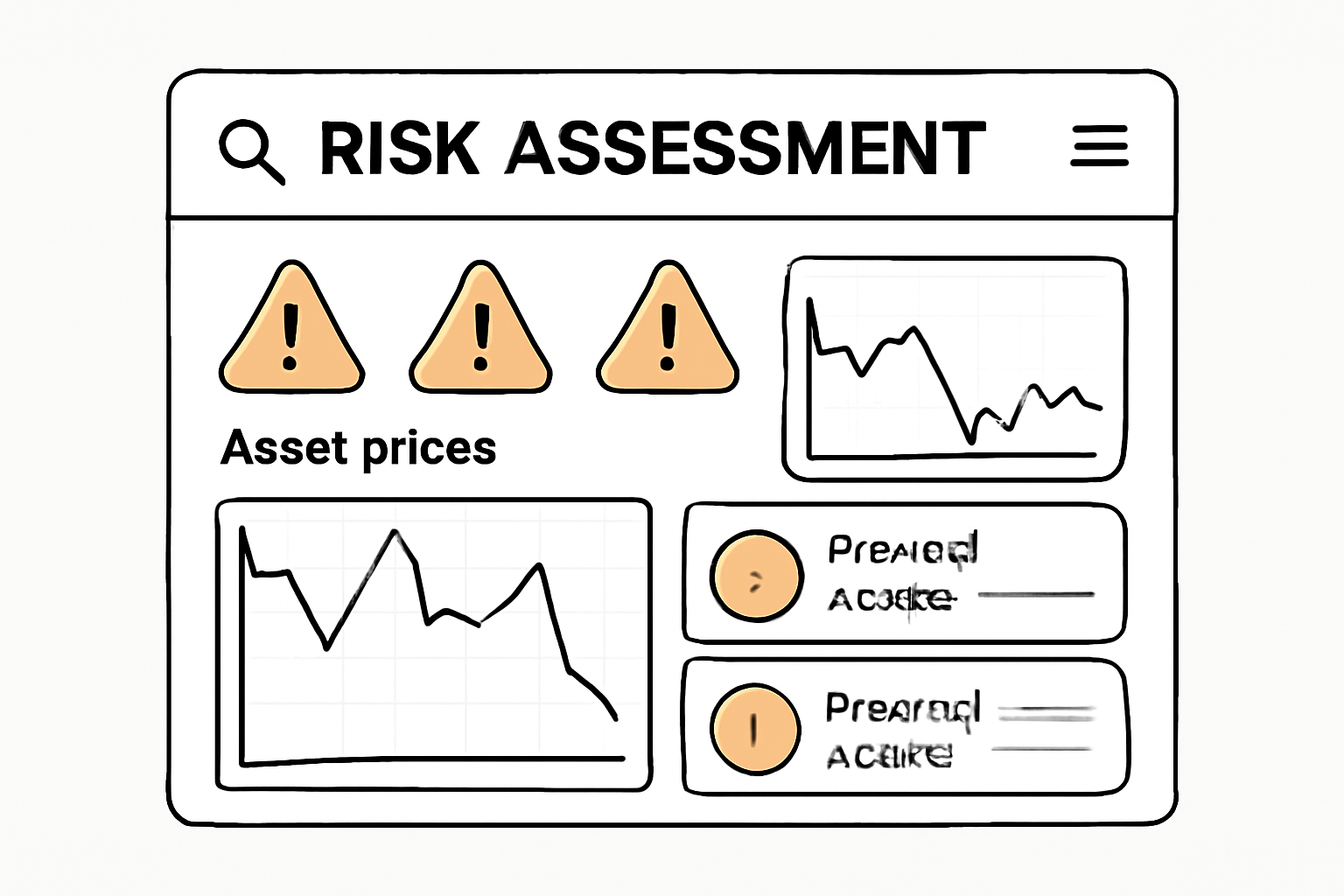 A risk assessment dashboard with warning icons, charts of asset prices, and notifications about protocol updates, clear and informative