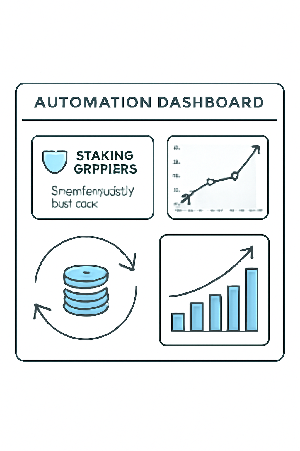 An automation dashboard showing staking rewards being automatically reinvested, with graphs of increasing returns over time, clean and modern