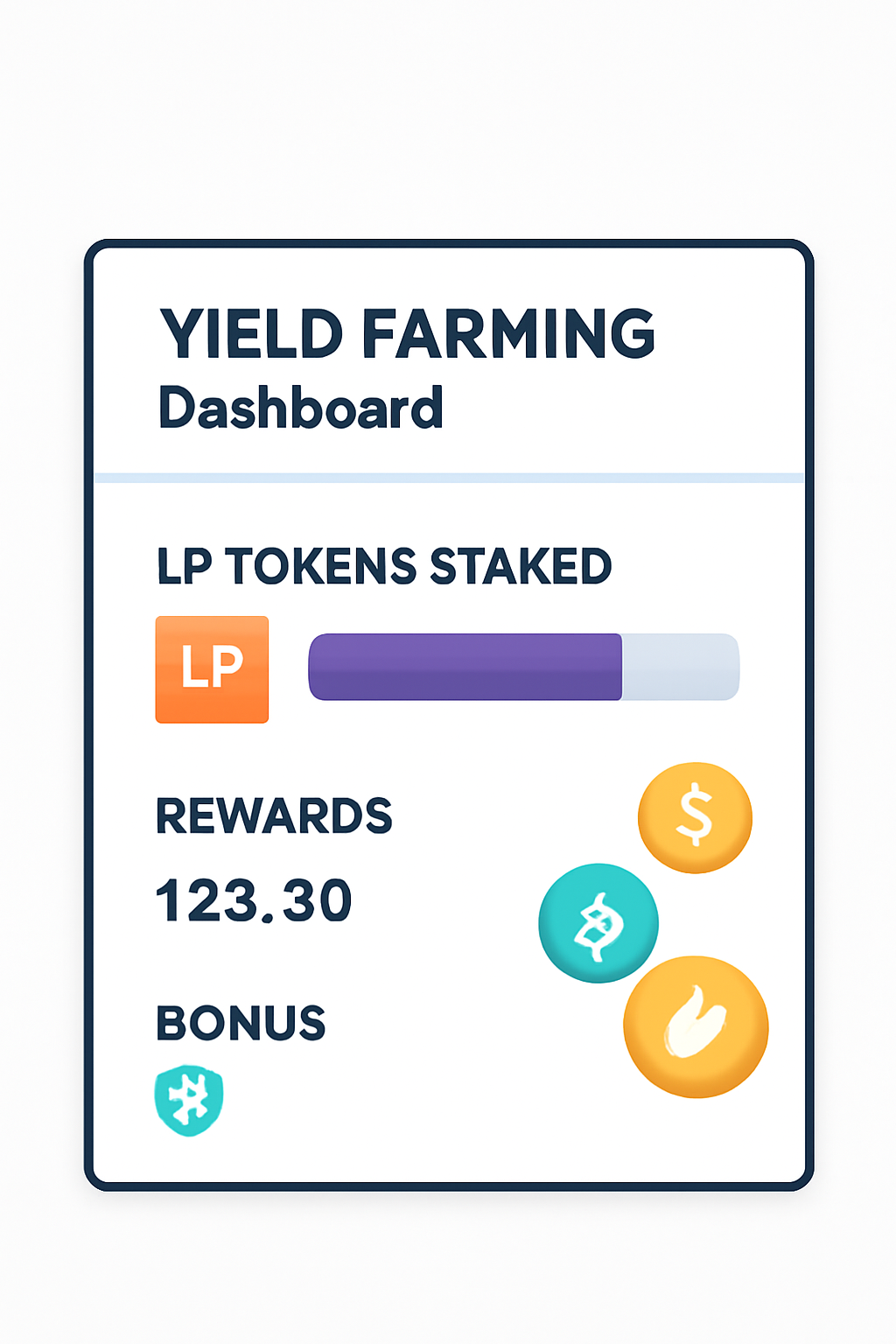 A yield farming dashboard where LP tokens are being staked, rewards accumulating, and bonus tokens appearing, visually clear