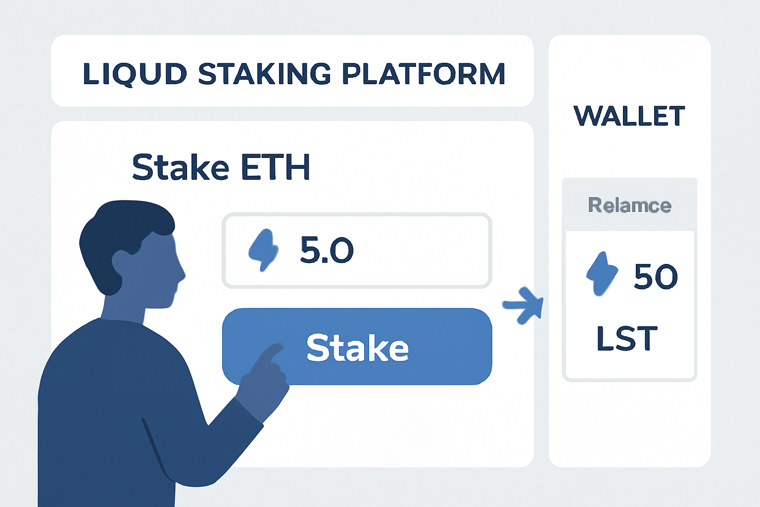 A user staking ETH on a liquid staking platform interface and receiving LST tokens in their wallet, clear DeFi dashboard visuals, modern UI