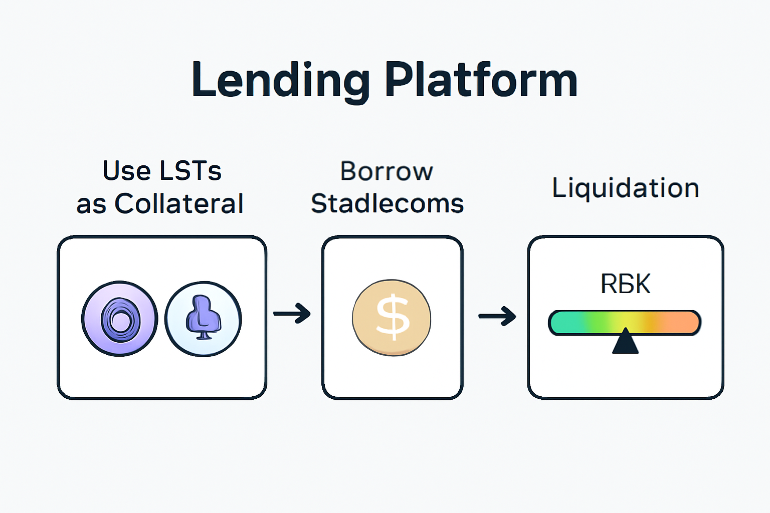 A lending platform interface showing LSTs as collateral, borrowing stablecoins, and a risk meter for liquidation, professional DeFi visuals