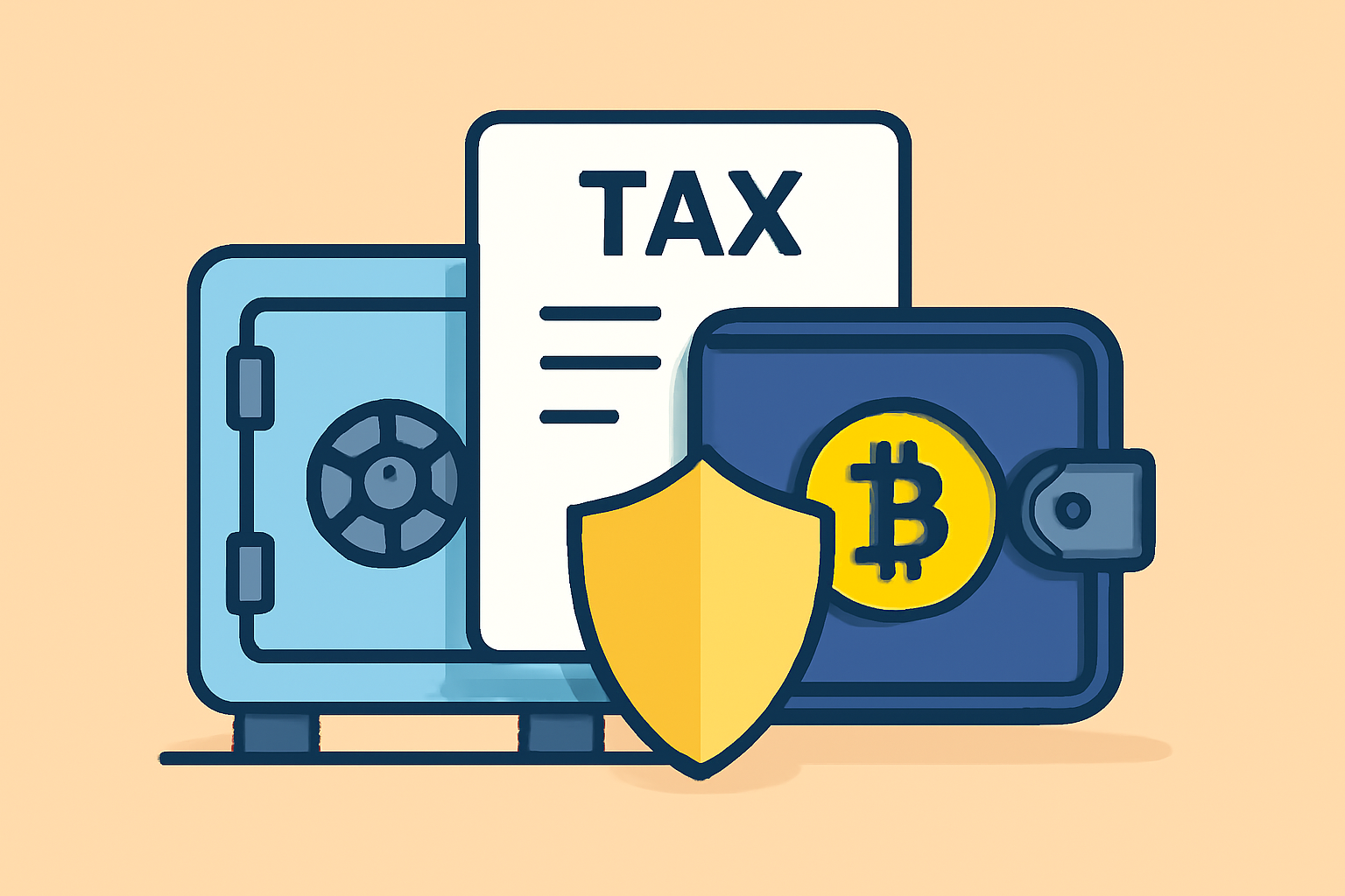 A secure vault, tax documents, and a shield overlaying a crypto wallet, representing compliance and security.