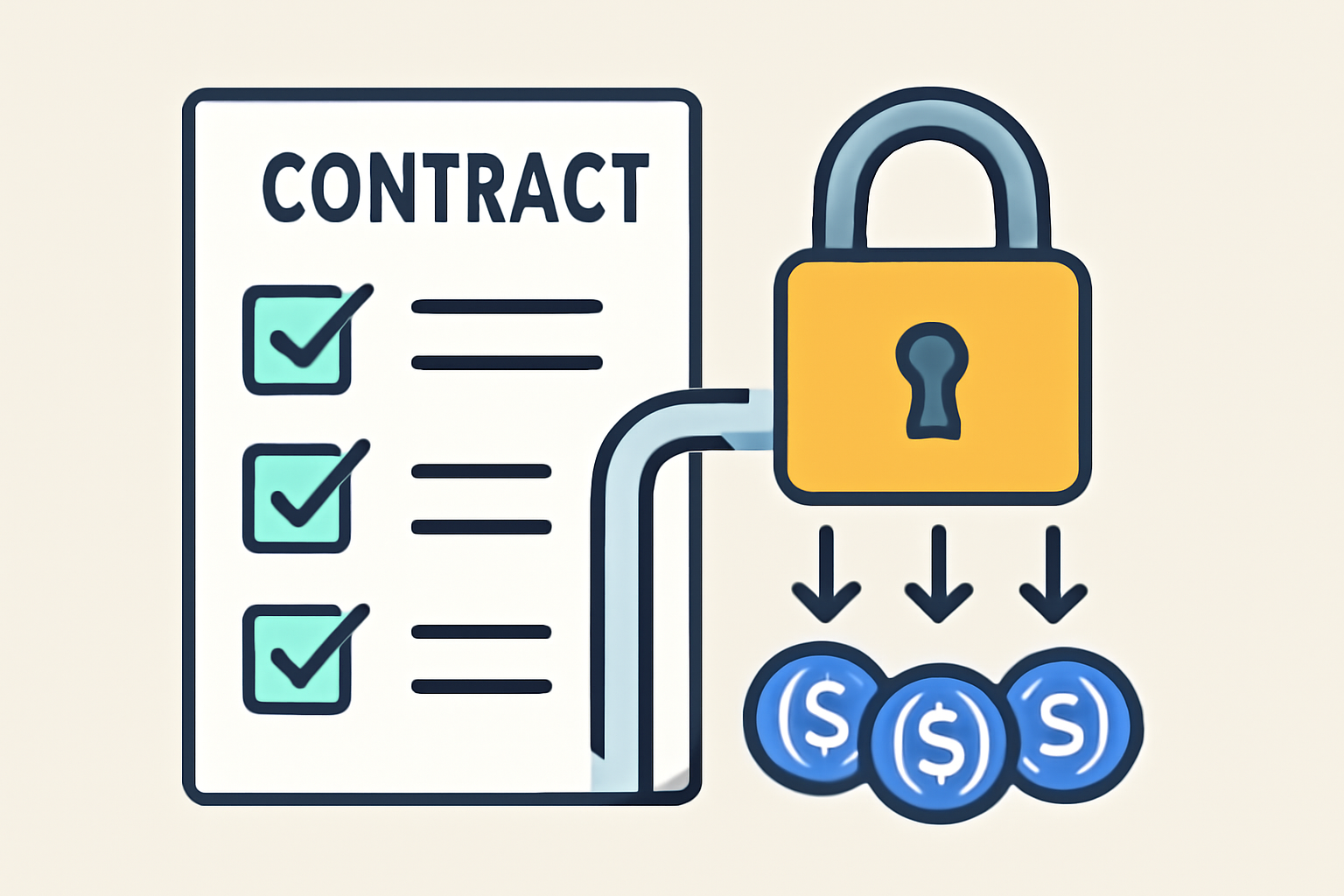 A digital contract with a checklist, a lock (escrow), and USDC coins being released upon milestone completion.
