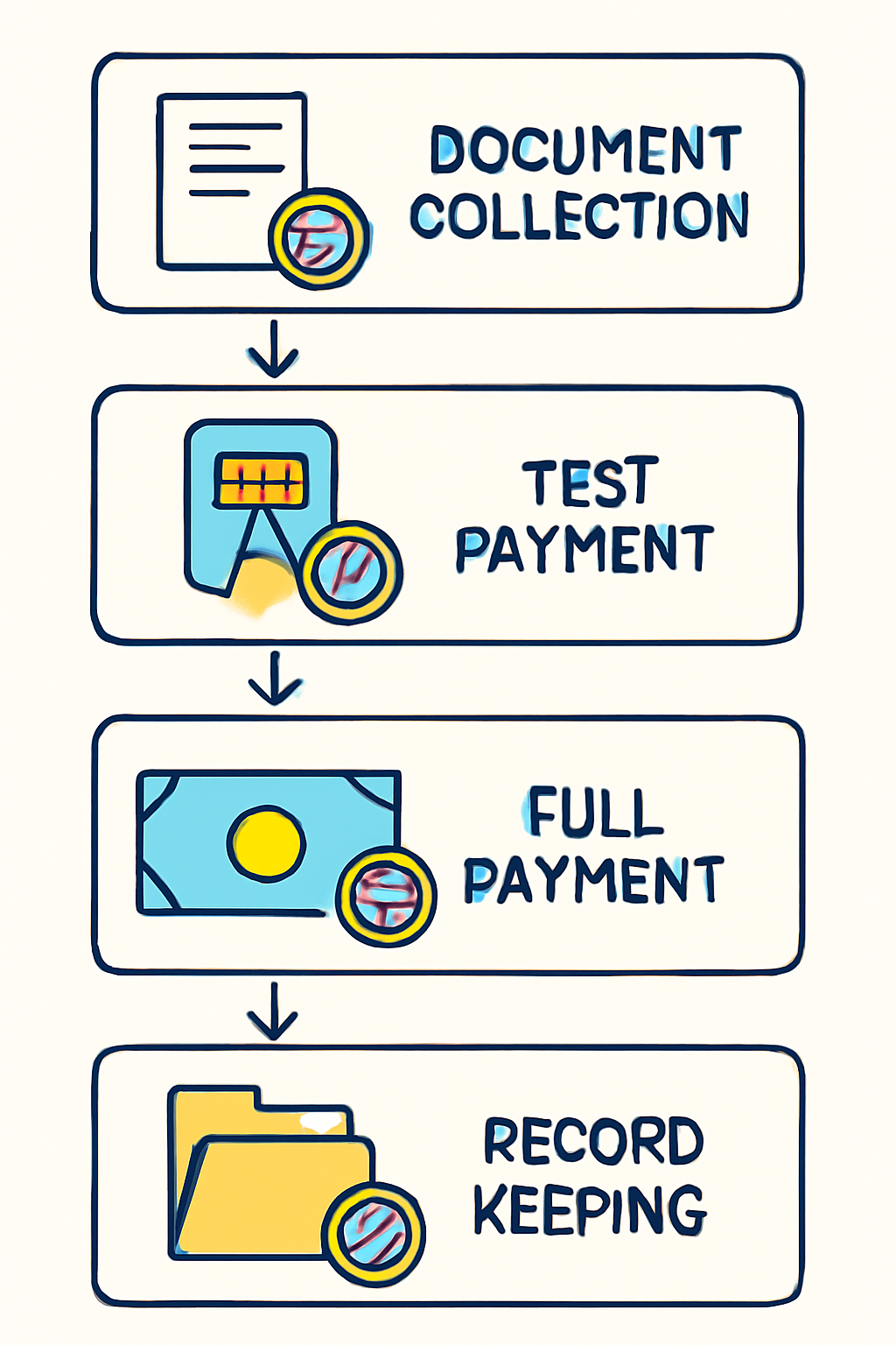 A stepwise flowchart showing document collection, test payment, full payment, and record keeping, with USDC coins throughout.