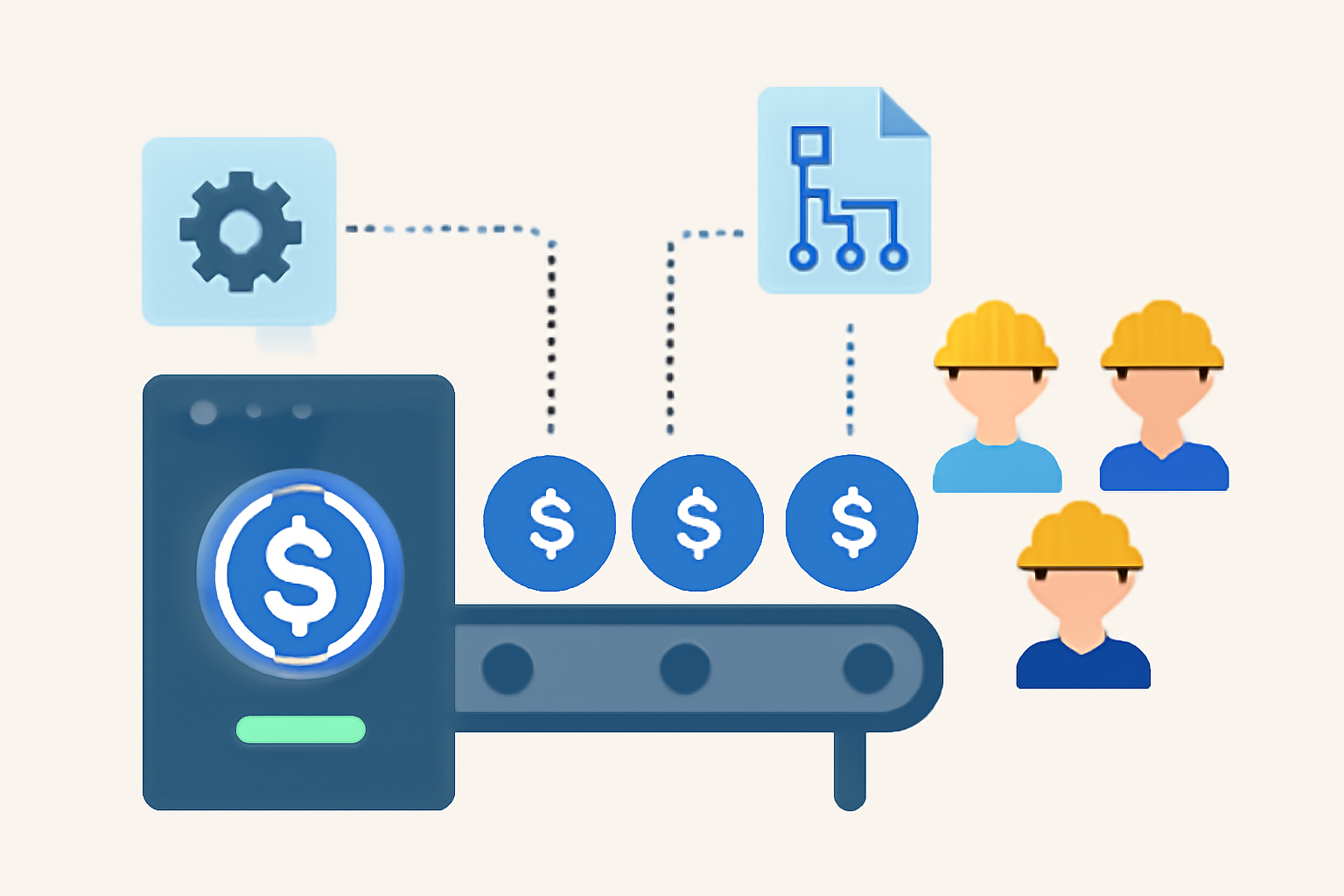 A conveyor belt automating USDC payments to multiple contractors, with icons for automation and smart contracts.