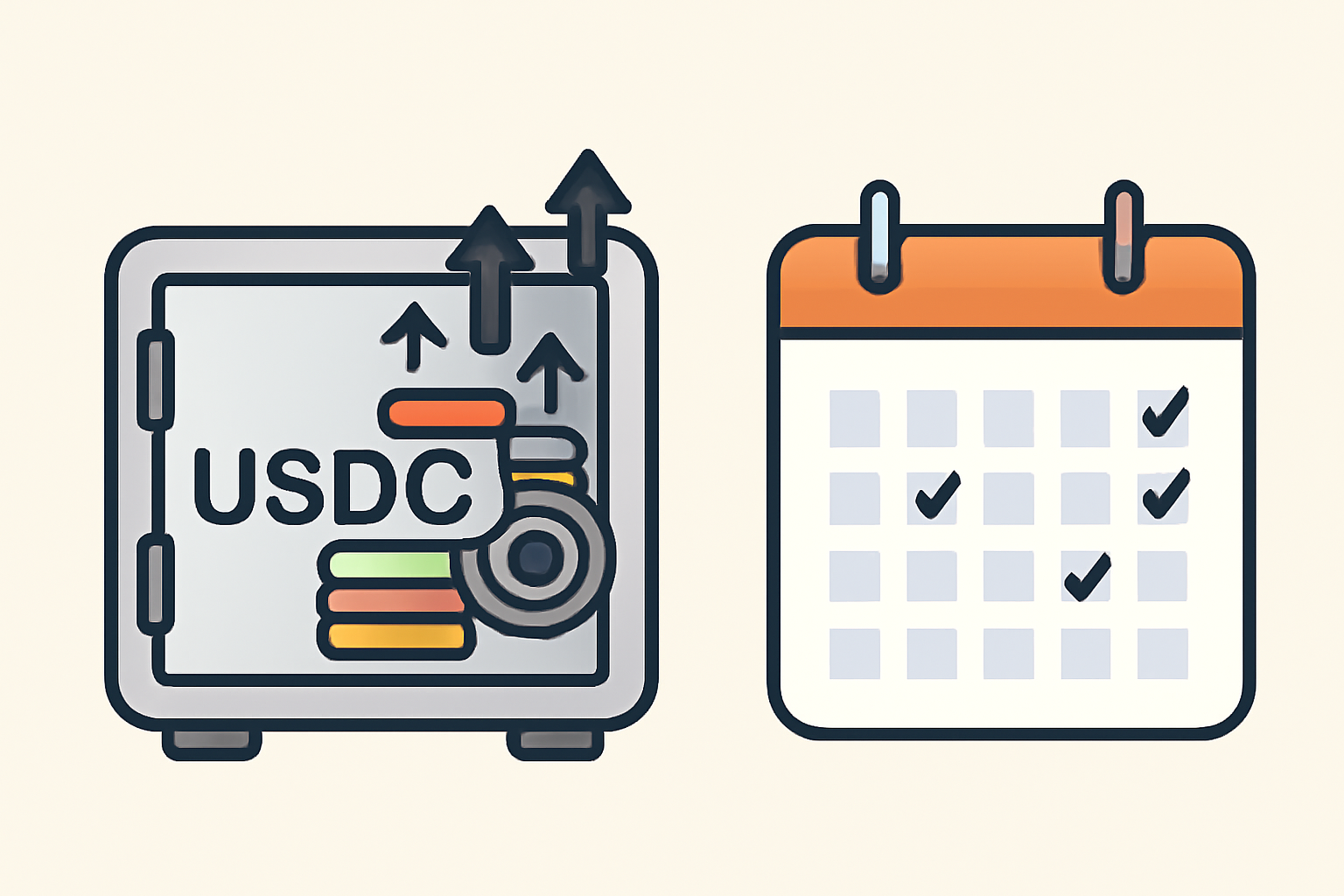 A vault or safe labeled 'USDC', with coins inside and upward arrows indicating yield, next to a calendar showing payout dates.