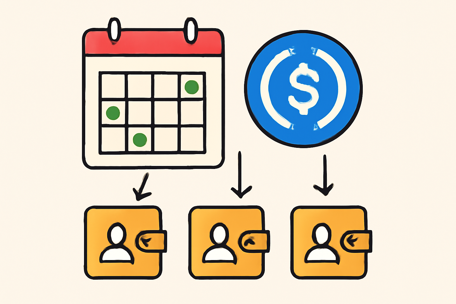 A calendar with recurring payment icons, USDC coin symbols, and arrows pointing to multiple contractor wallet icons.