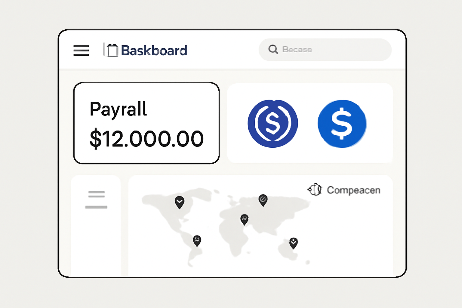 A dashboard interface of a payroll platform with USDC and stablecoin icons, emphasizing compliance and global reach.