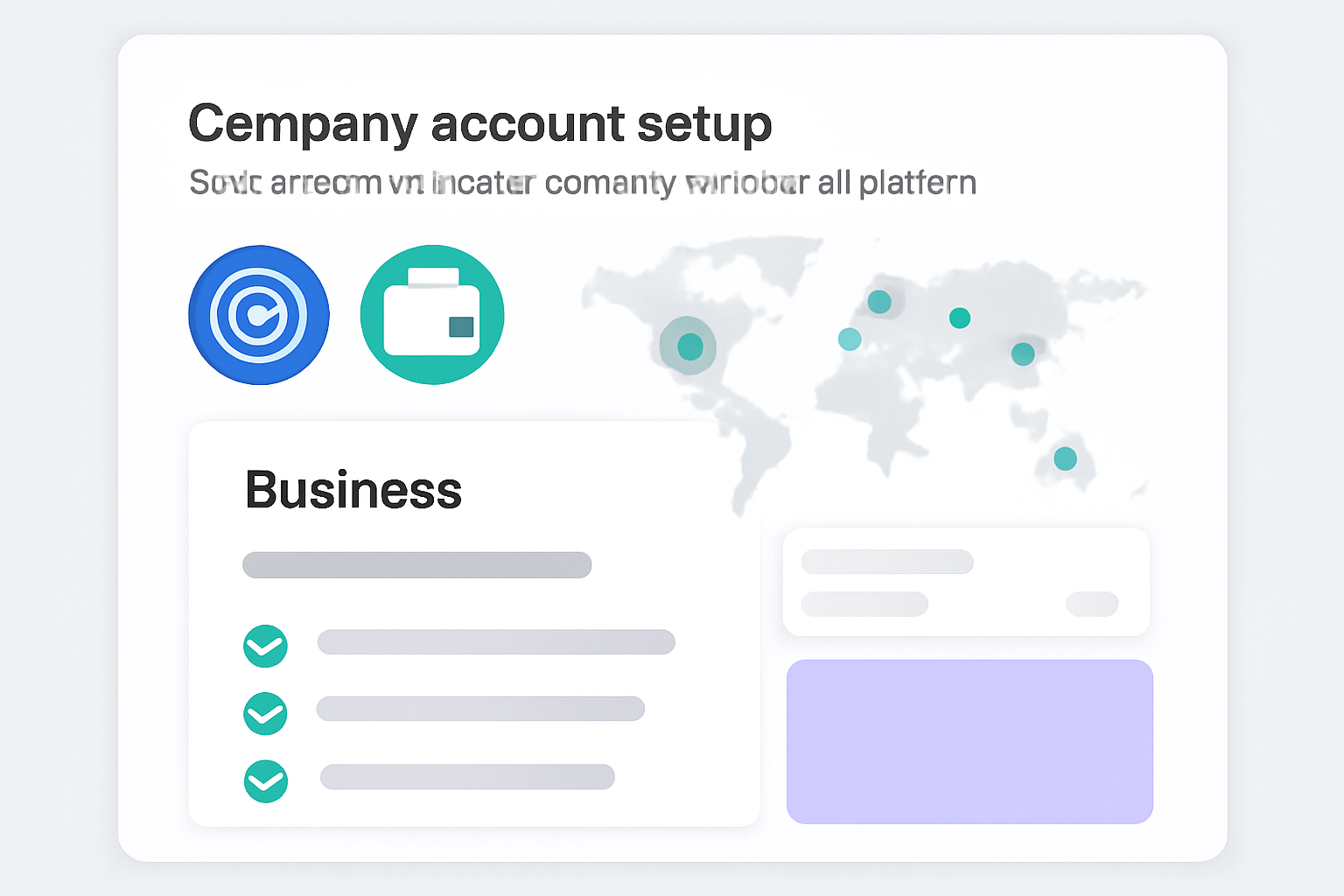 A business dashboard showing a company account setup on a payroll platform, with USDC and crypto wallet icons, and a world map highlighting global reach.