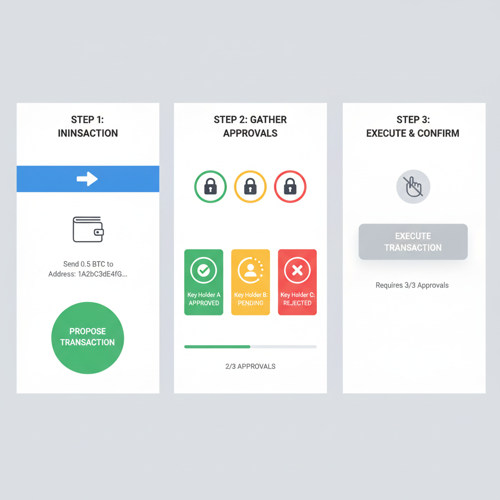 multi-signature wallet interface with three key approvals illustrated