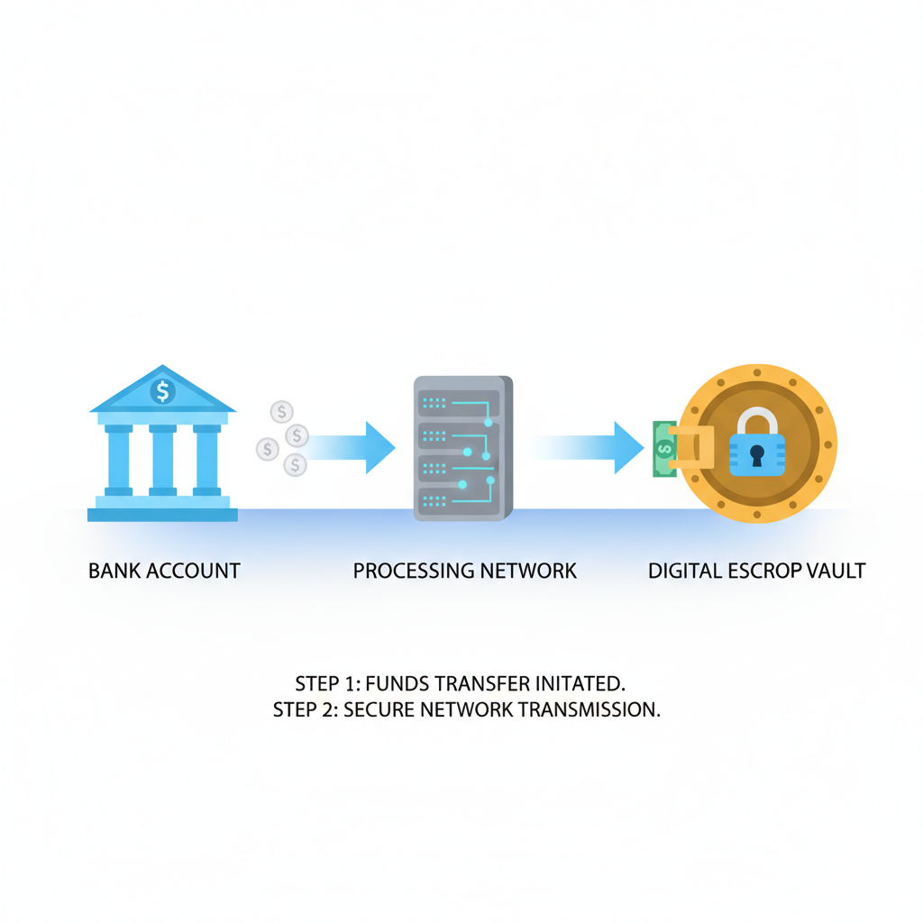 funds transferring from bank to digital escrow vault animation
