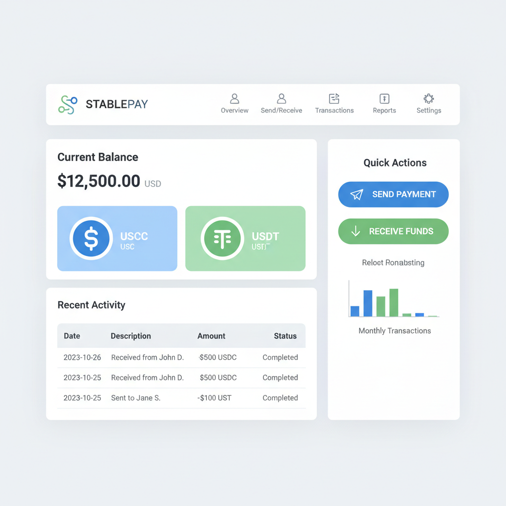 professional dashboard of stablecoin payment platform with USDC and USDT icons