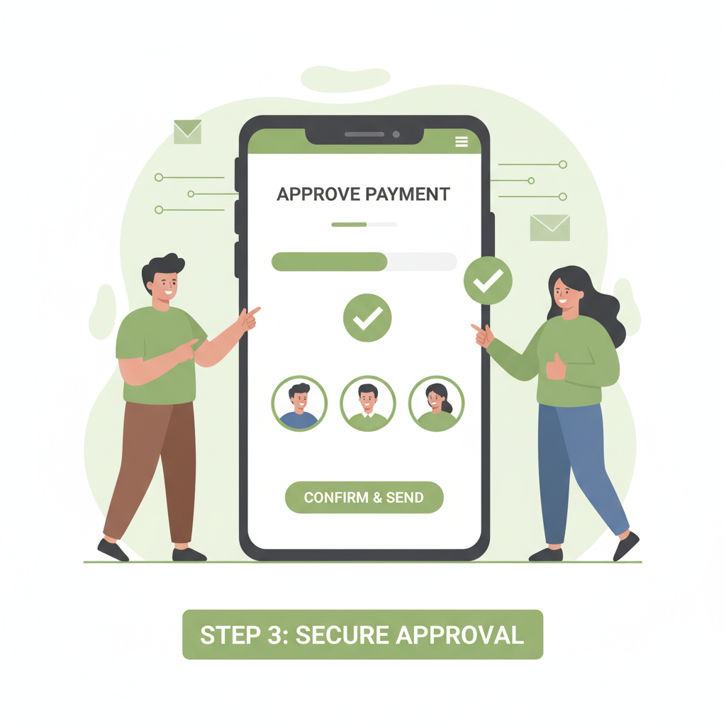 team approving payment on secure app with green checkmarks