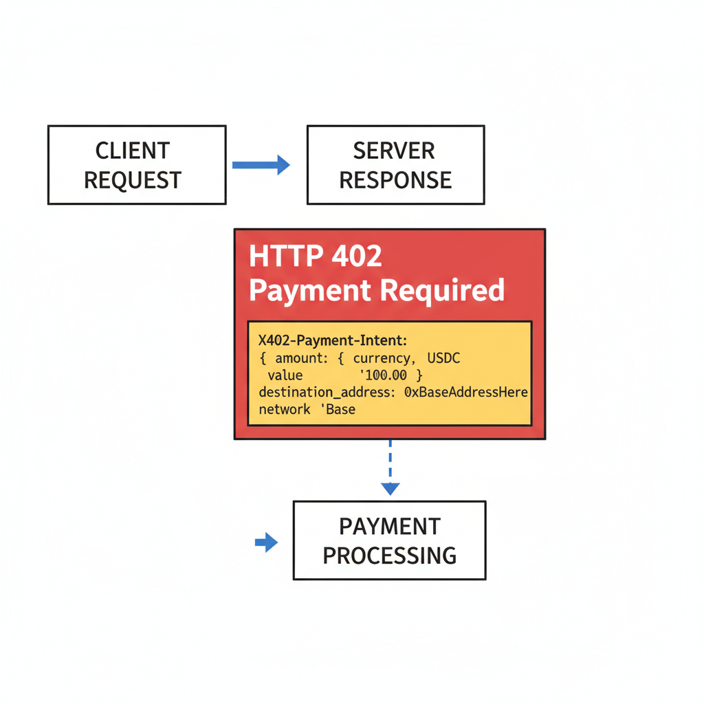HTTP 402 response headers diagram highlighting X402-Payment-Intent with JSON details like USDC amount and Base address, network flow arrows --ar 16:9
