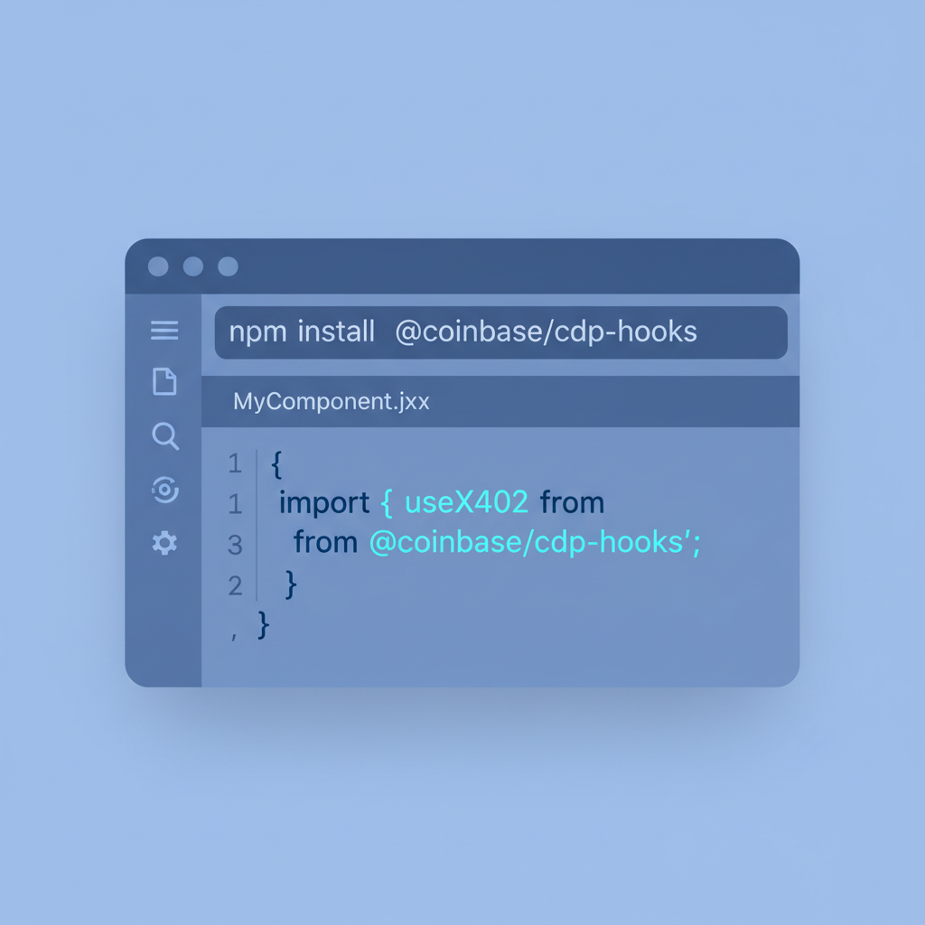 clean React code snippet showing npm install command and import statement for useX402 hook from coinbase cdp-hooks, modern code editor, blue tones --ar 16:9