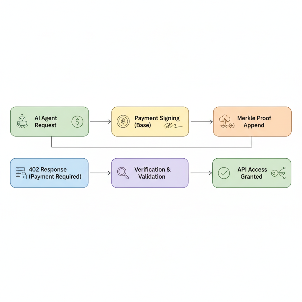 flowchart of x402 payment process from AI agent request to 402 response, payment signing on Base, Merkle proof append, API access granted, arrows and icons --ar 16:9