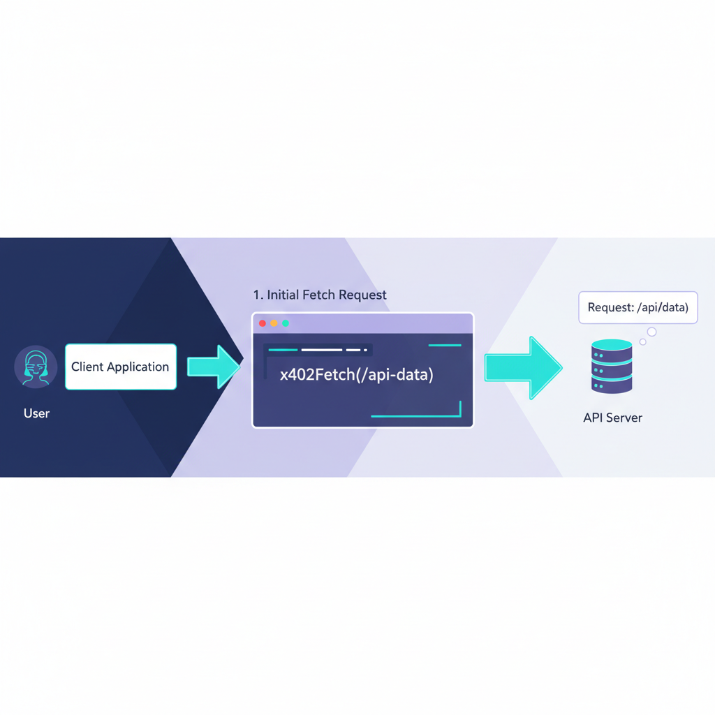 JavaScript code for x402Fetch wrapper function handling 402 status with pay hook and retry logic, clean code blocks, futuristic UI elements --ar 16:9