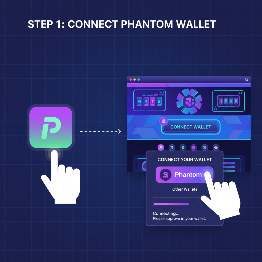 user connecting Phantom Solana wallet to futuristic casino website UI