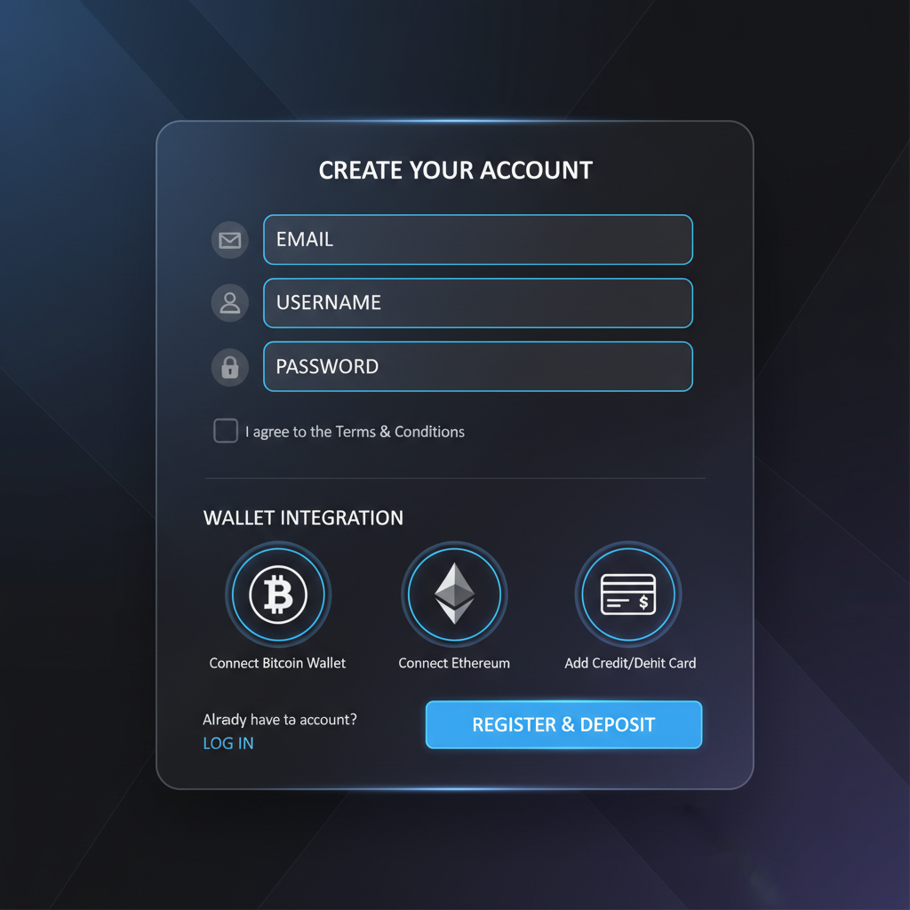 simple casino registration form with wallet integration on sleek dark UI
