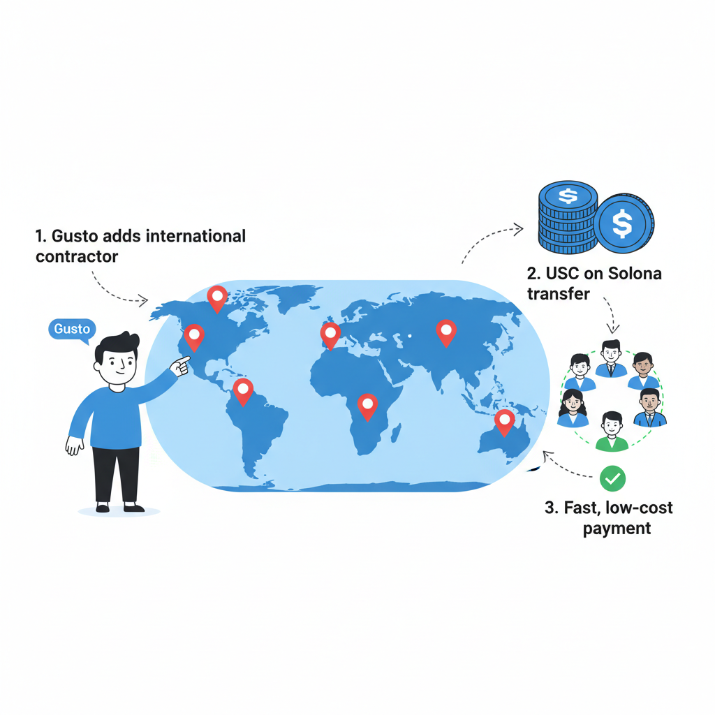 global map with pins, Gusto adding international contractor, USDC on Solana transfer