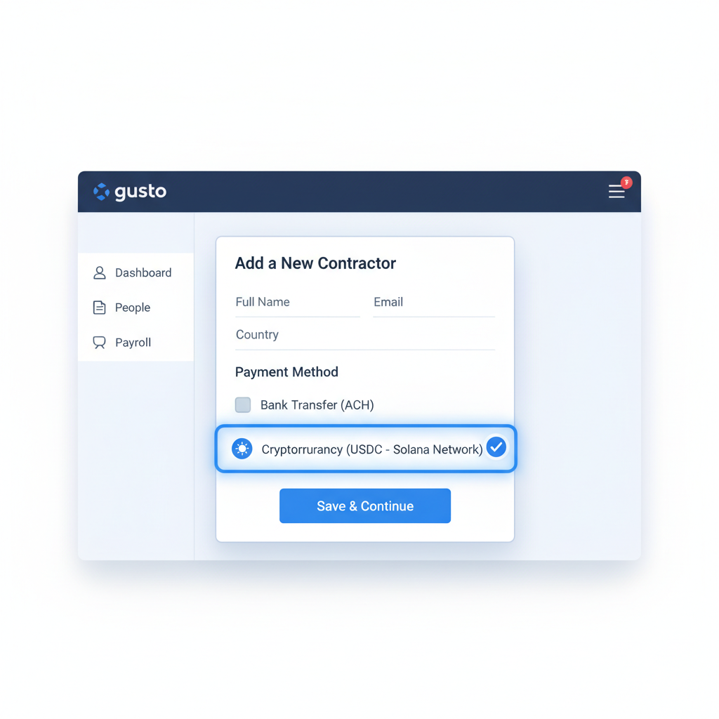 Gusto interface screen adding US contractor, USDC Solana payment option highlighted