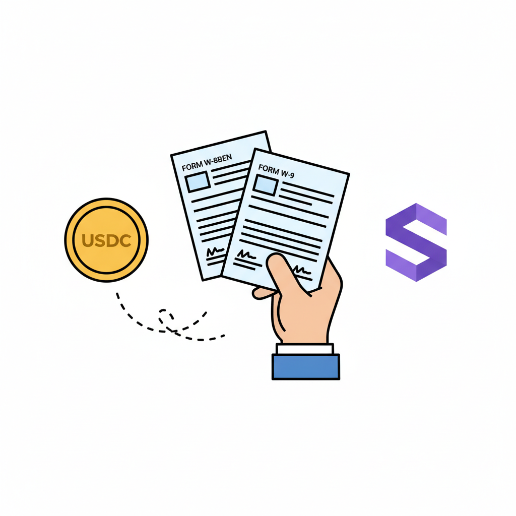 hand holding tax forms W-8BEN and W-9 next to USDC coin and Solana logo, professional documents