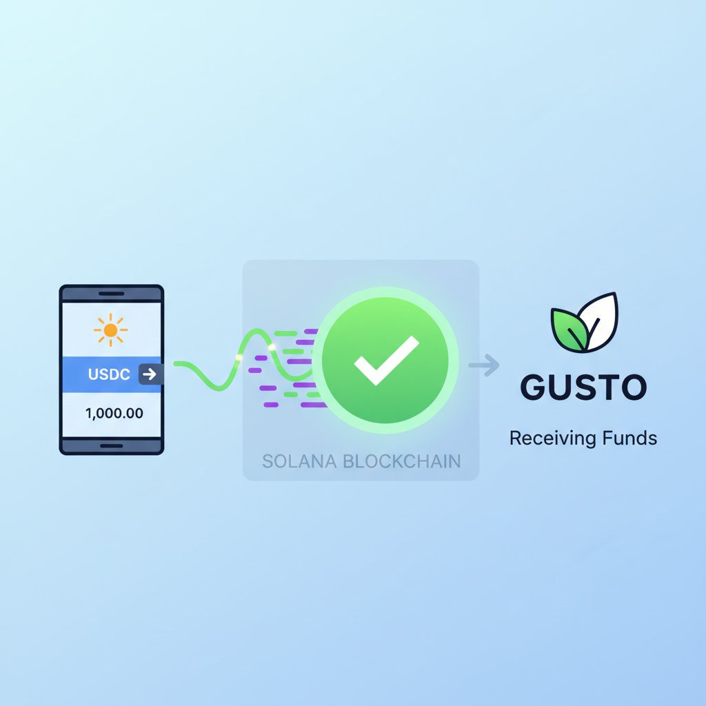 wallet transferring USDC on Solana blockchain to Gusto, transaction animation, green check