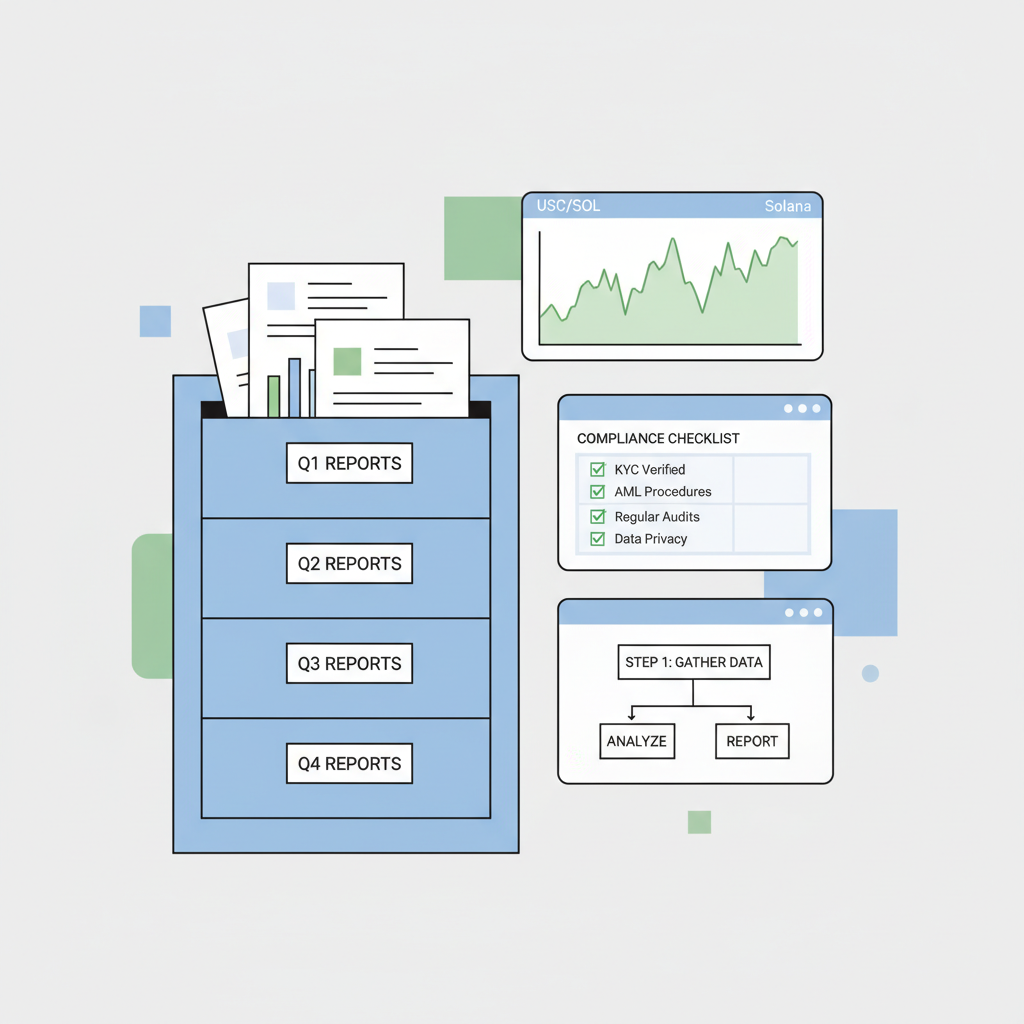 filing cabinet with reports, USDC Solana charts, compliance checklist